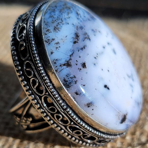 Handcrafted Sterling Silver Dendritic Opal Ring, Size 8.5 Natural Stone Jewelry - Picture 1 of 10